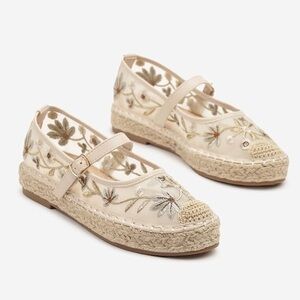 Women Mary Jane Espadrilles Embroidered Mesh Woven Outsole Ballet Flats 7 beige